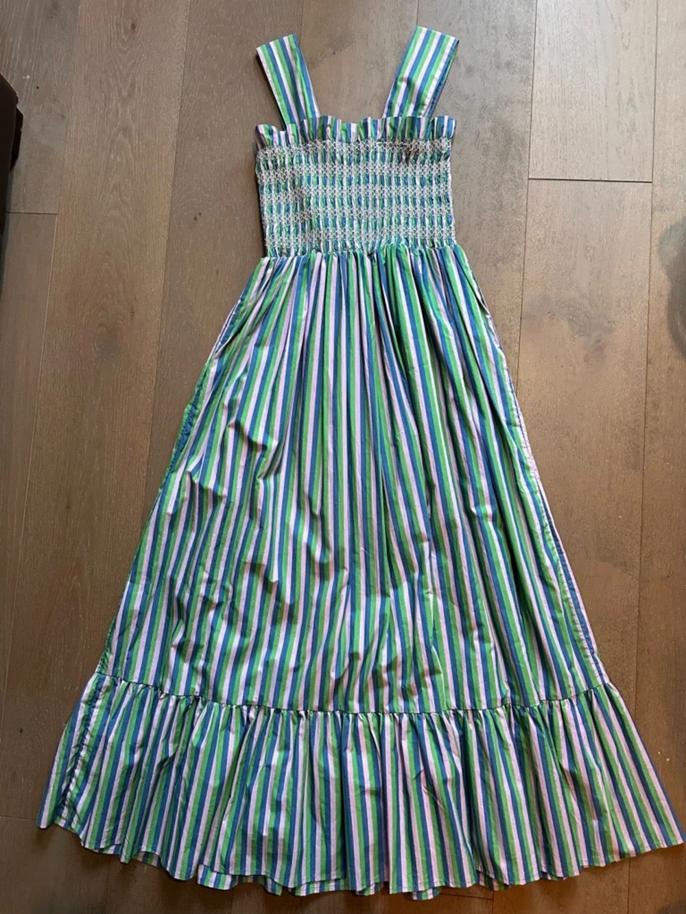 Mille Garden Dress Jaipur Stripe Blue Green White Smocked Maxi XS NWT - Picture 3 of 5